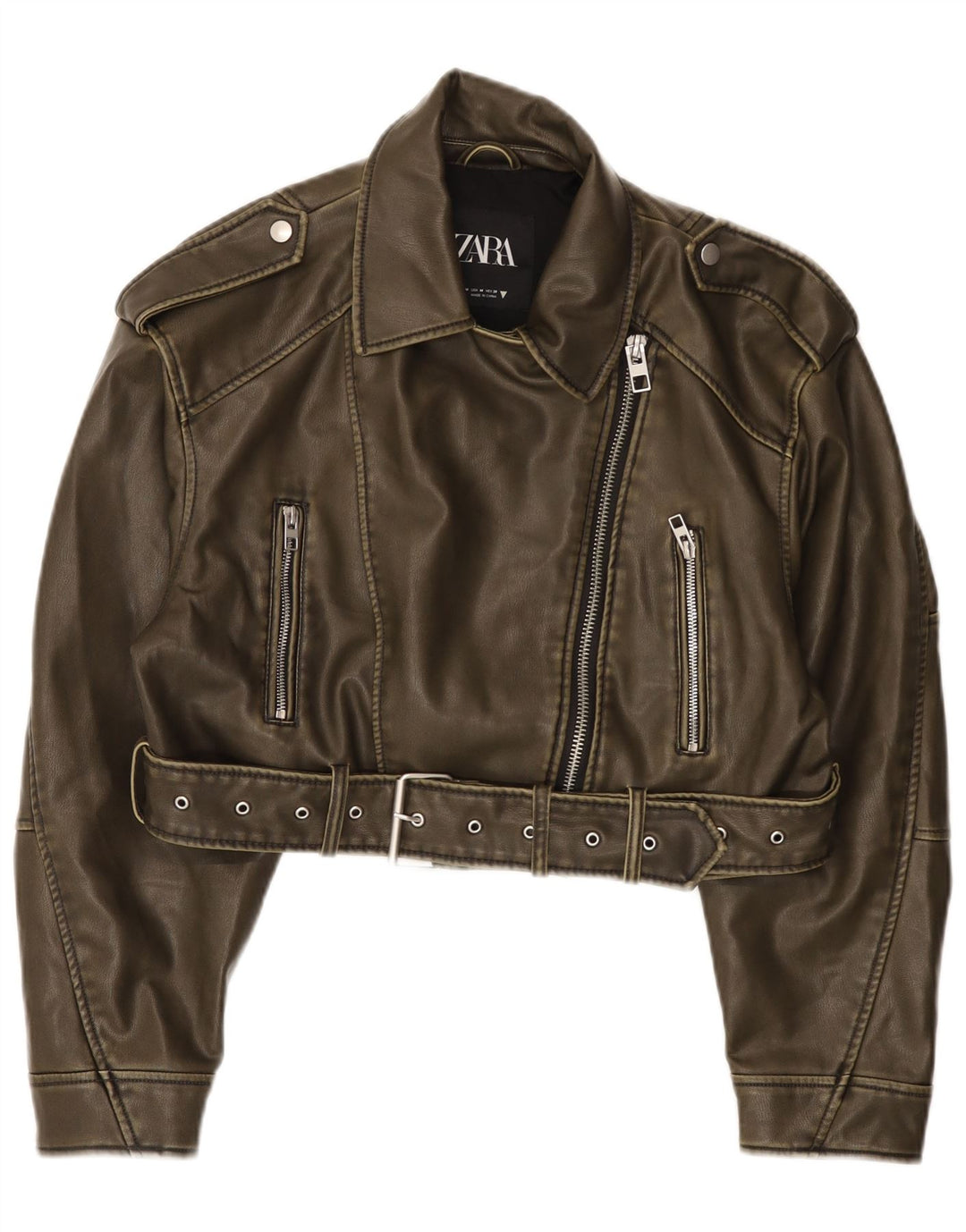 Zara Veste de motard courte en similicuir pour femme UK 14 Vert moyen Polyester