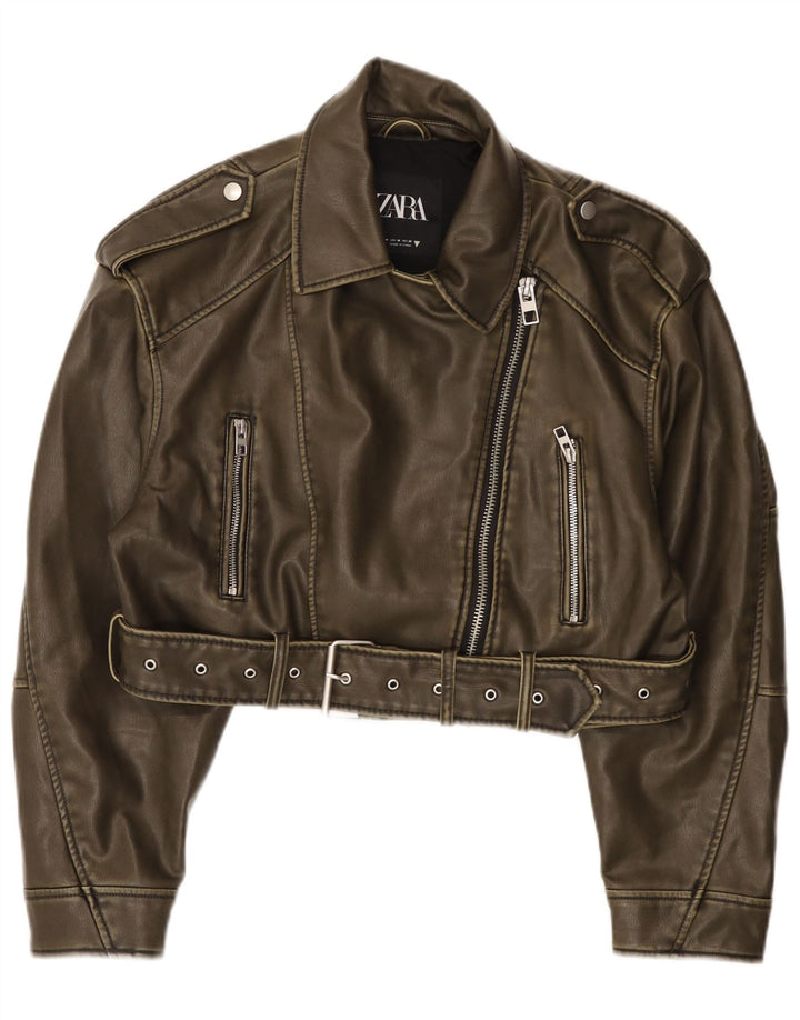 Zara Veste de motard courte en similicuir pour femme UK 14 Vert moyen Polyester