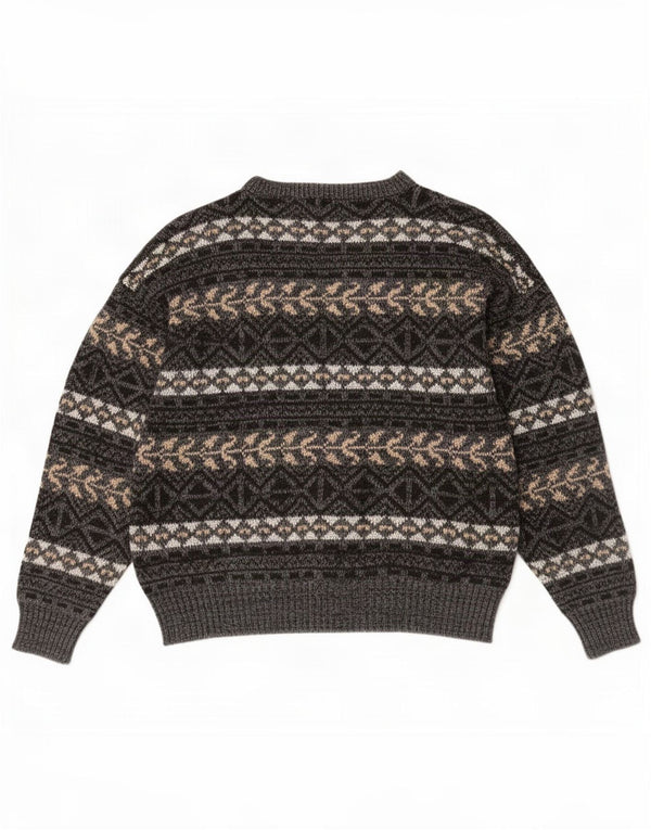 vintage Mens Crew Neck Jumper Pull XL Gris Fair Isle