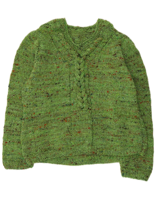 VINTAGE Pull col V femme UK 18 XL Vert Moucheté