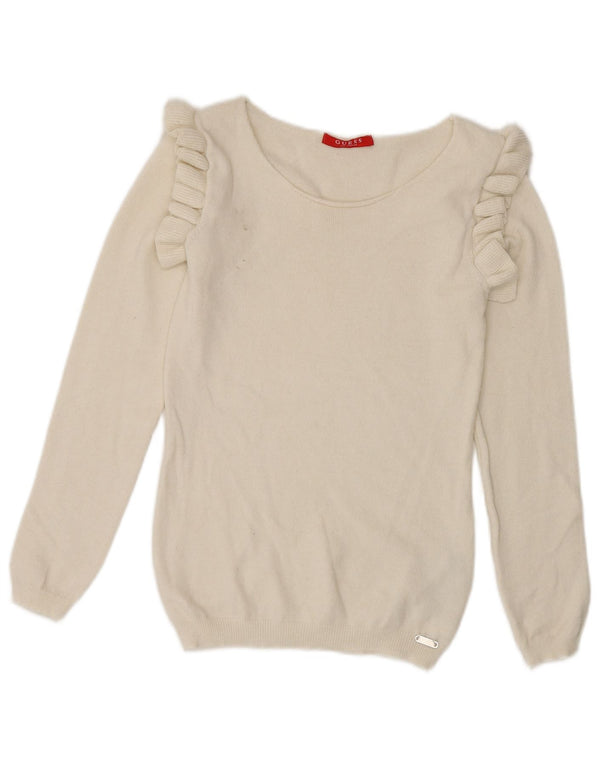 Guess Pull à col bateau à volants pour femme UK 8 Small Blanc Viscose