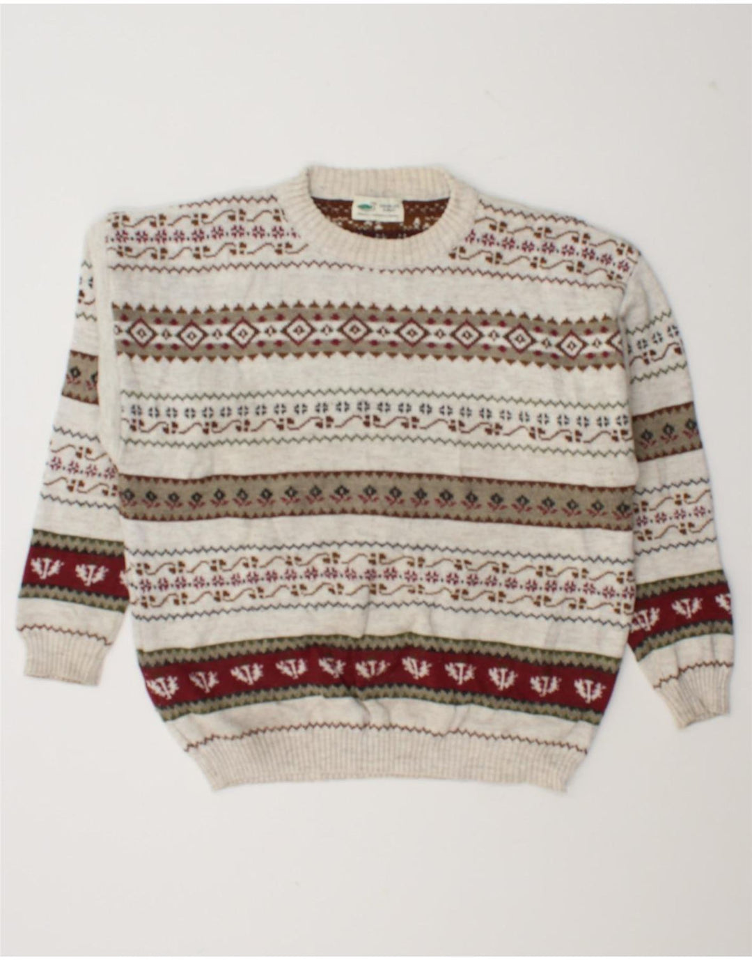 vintage Mens Crew Neck Jumper Pull Grande laine géométrique blanc cassé