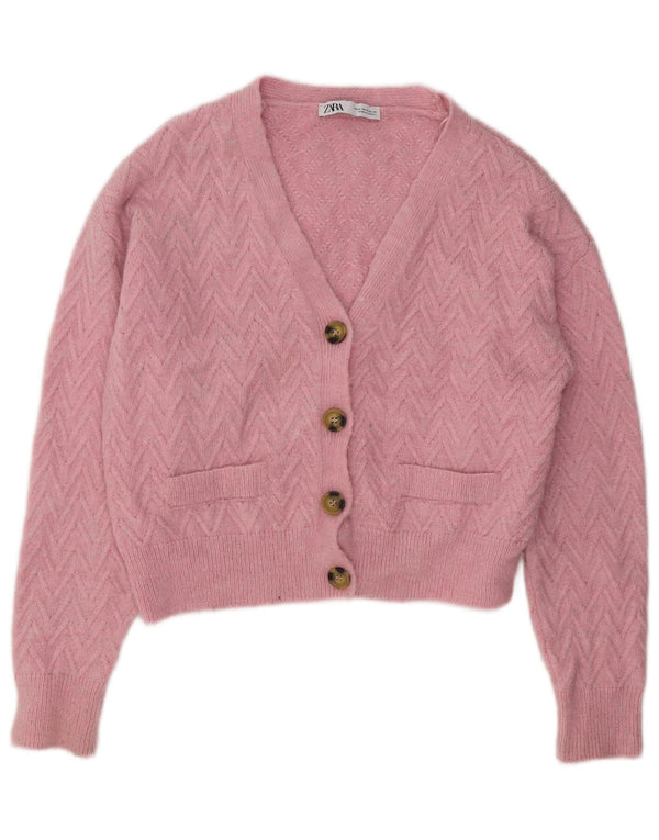 ZARA Womens Crop Cardigan Sweater UK 14 Medium Pink Chevron Acrylic