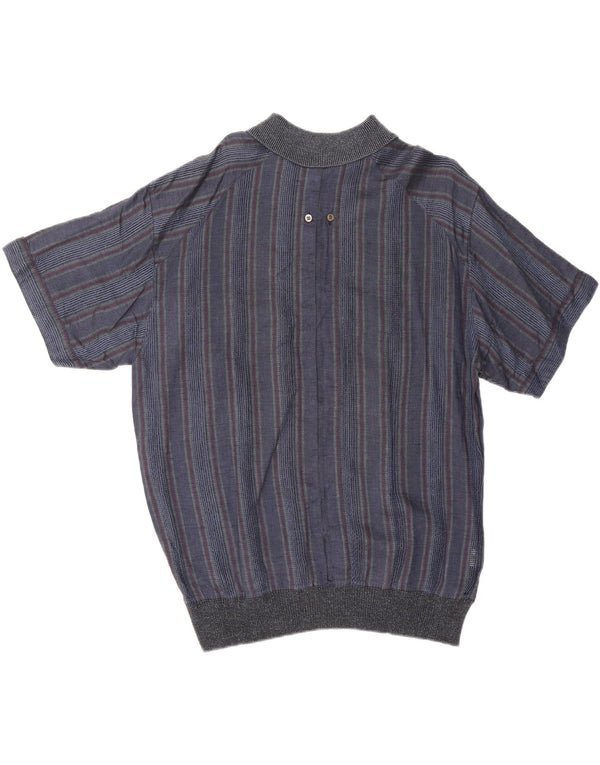 vintage Homme Manches Courtes Pull Chemise IT 50 Moyen Bleu Marine Rayé