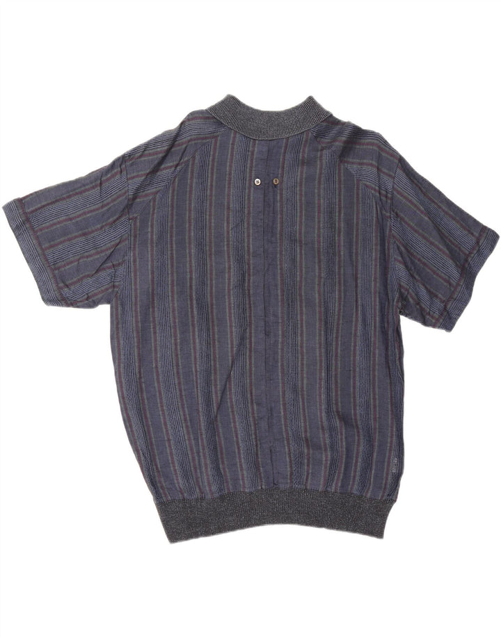 vintage Homme Manches Courtes Pull Chemise IT 50 Moyen Bleu Marine Rayé