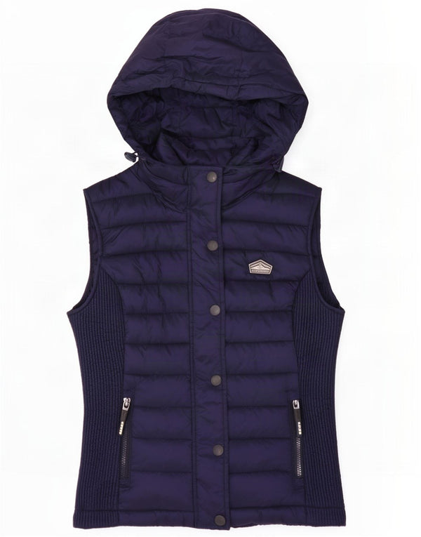 Superdry Femme Gilet Rembourré À Capuche UK 6 XS Bleu Marine Nylon