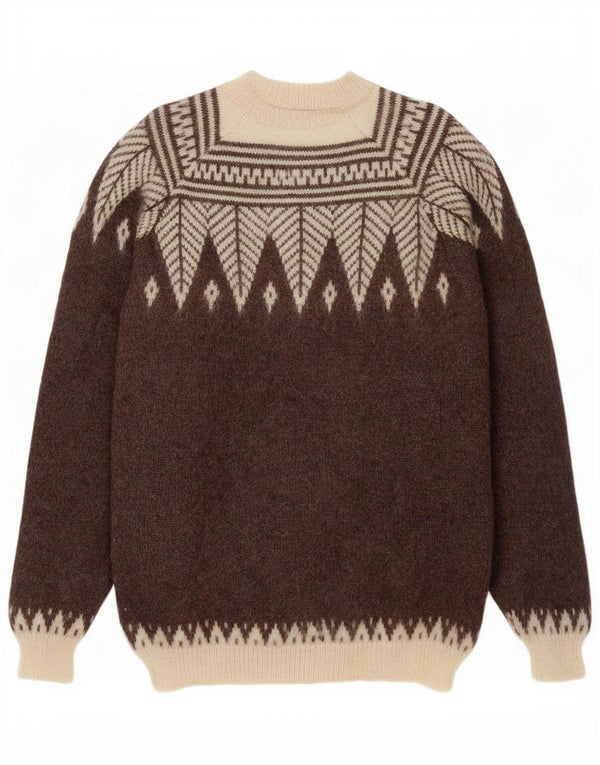 vintage Womens Crew Neck Jumper Pull UK 16 Grand Brun Fair Isle