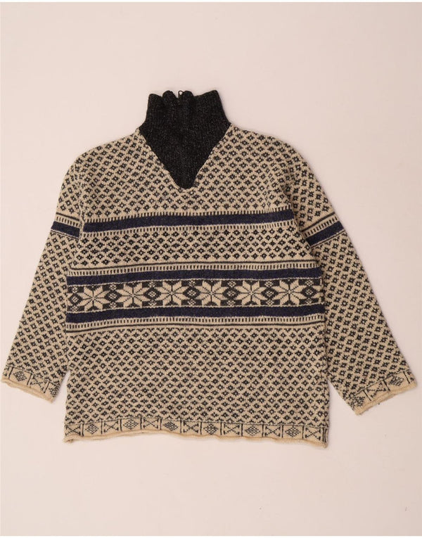 vintage Homme Zip Neck Jumper Pull XL Beige Fair Isle