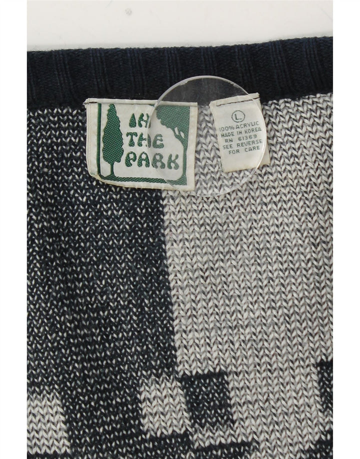 VINTAGE Femmes Cardigan surdimensionné Pull UK 16 Grand Bleu Marine Géométrique