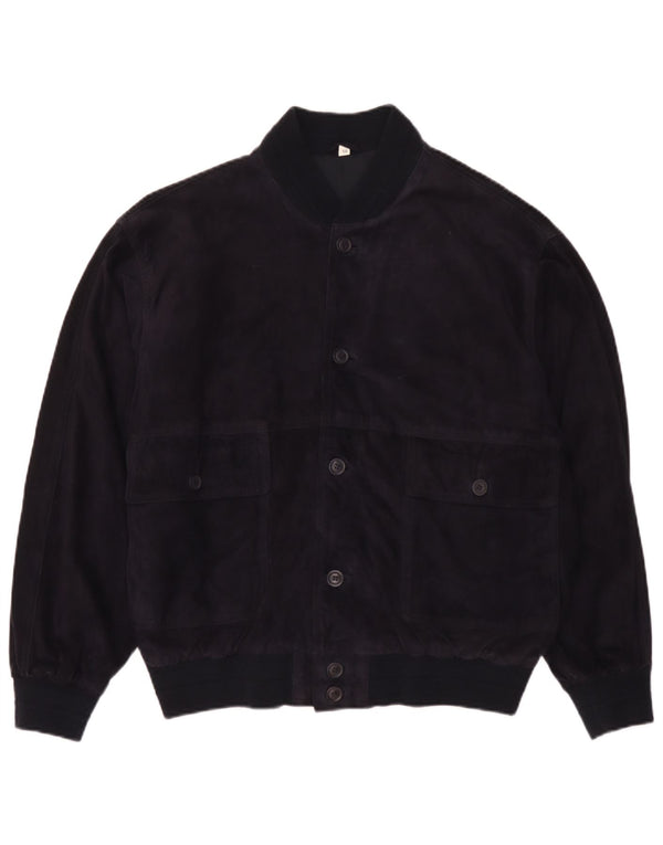 vintage Mens Suede Bomber Jacket IT 50 Grand Cuir Bleu Marine