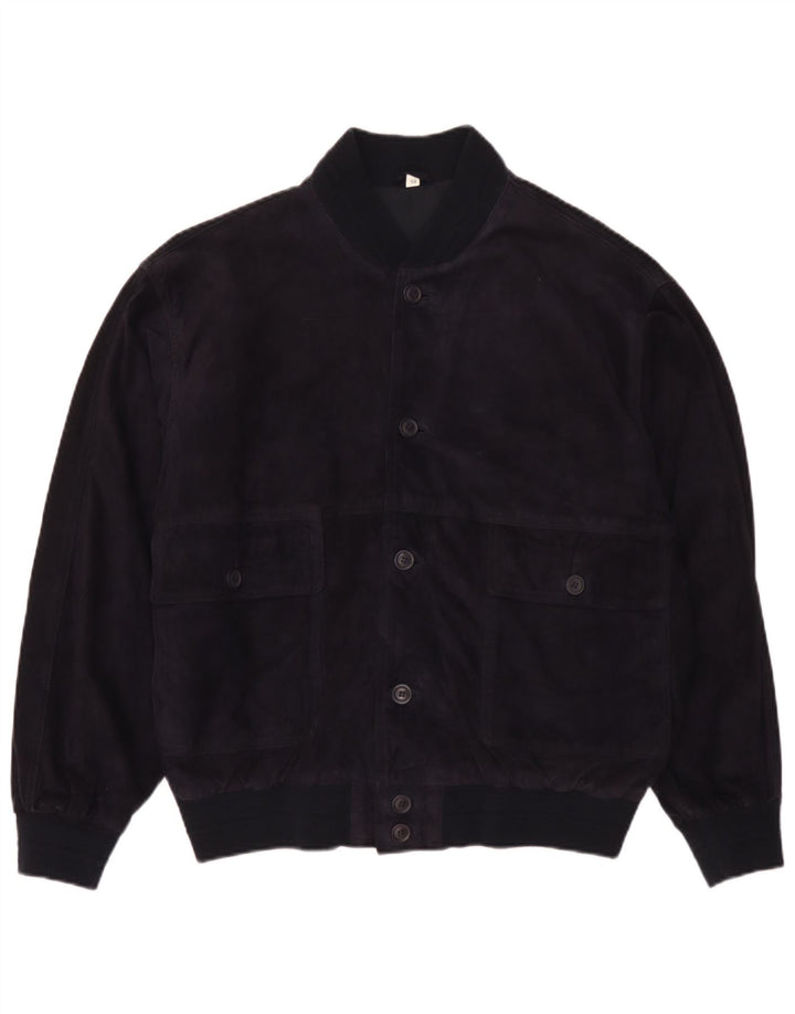vintage Mens Suede Bomber Jacket IT 50 Grand Cuir Bleu Marine