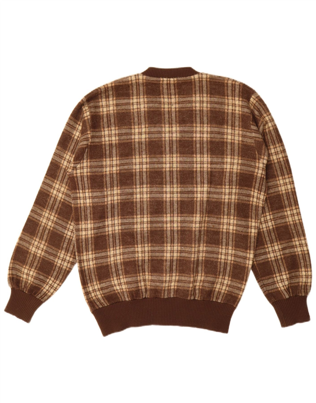 vintage Mens V-Col Jumper Pull Grand Marron Check Acrylique