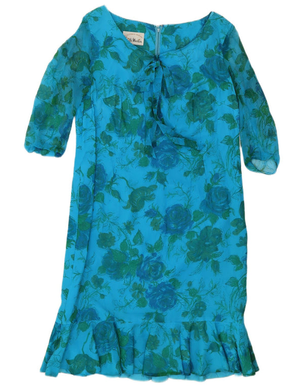 vintage Femmes 3/4 Manches Shift Robe UK 10 Petit Bleu Floral