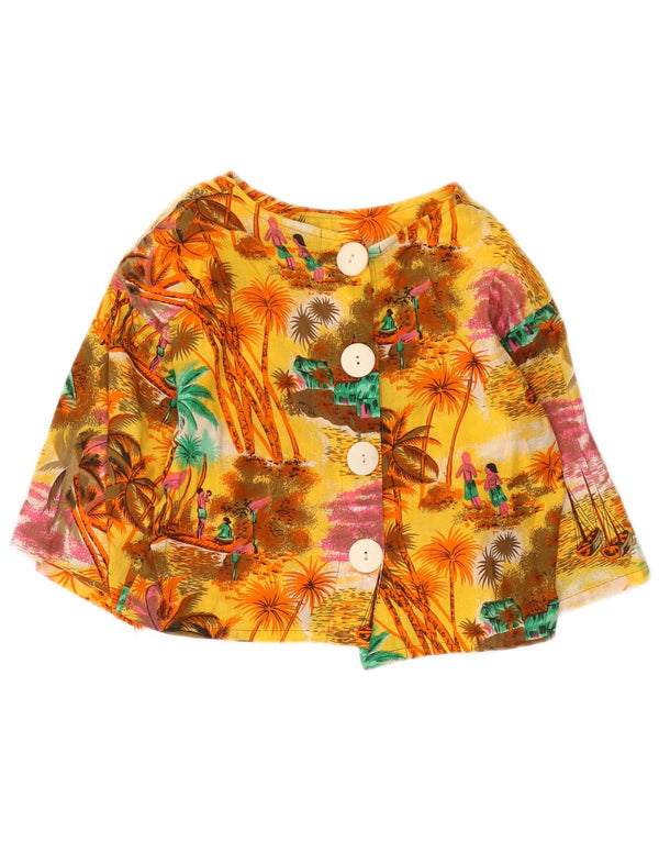 vintage Femmes Crop Blazer Veste UK 12 Moyen Jaune Floral Hawaïen