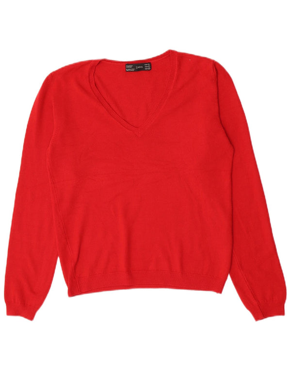 Zara Femme Pull Col V UK 14 Grand Acrylique Rouge