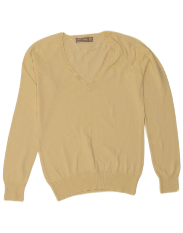 Zara Pull col V pour femme UK 12 en coton jaune moyen