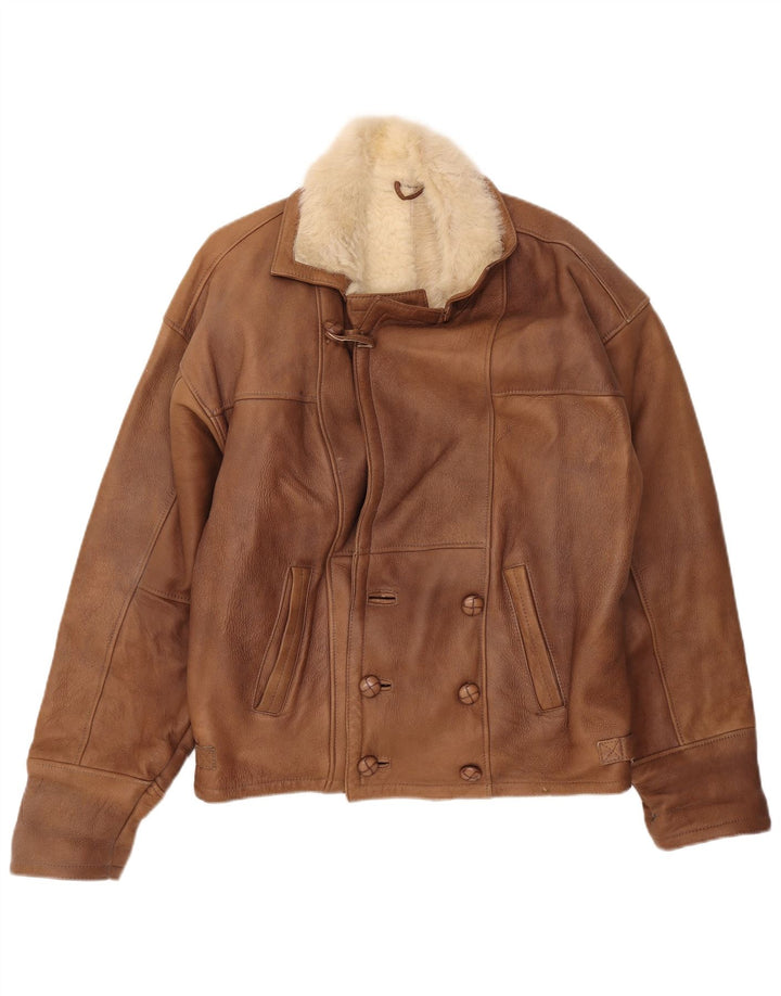 Vintage Veste en peau de mouton croisée pour homme UK 40 Large Marron Colourblock