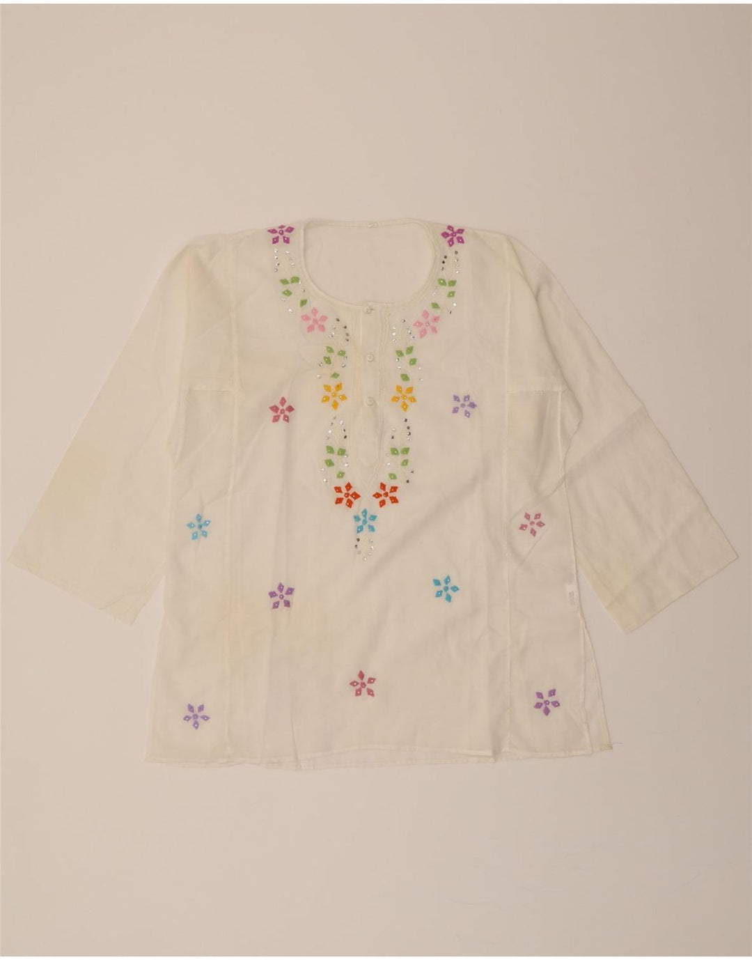 VINTAGE Womens 3/4 Sleeve Blouse Top IT 42 Medium White Floral Polyester Vintage Vintage and Second-Hand Vintage from Messina Hembry 