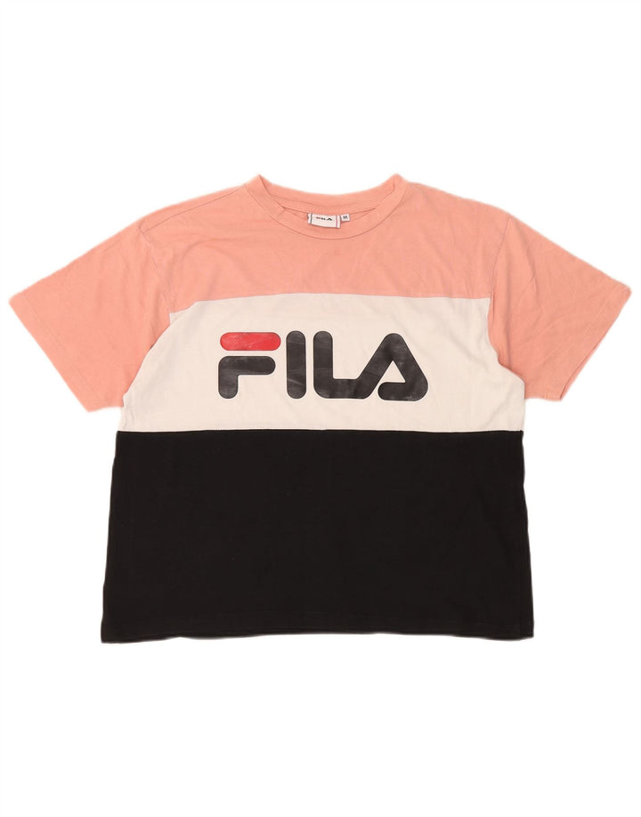 Fila Femme Crop Graphic T-Shirt Top UK 14 Medium Multicolore Colourblock