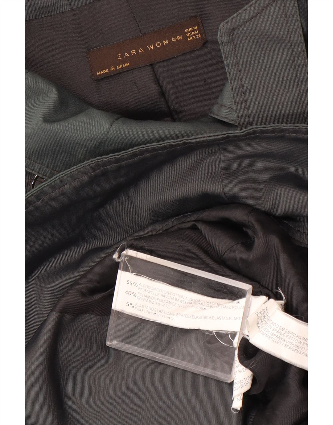 Zara Womens Trench court à double boutonnage UK 14 Coton gris moyen