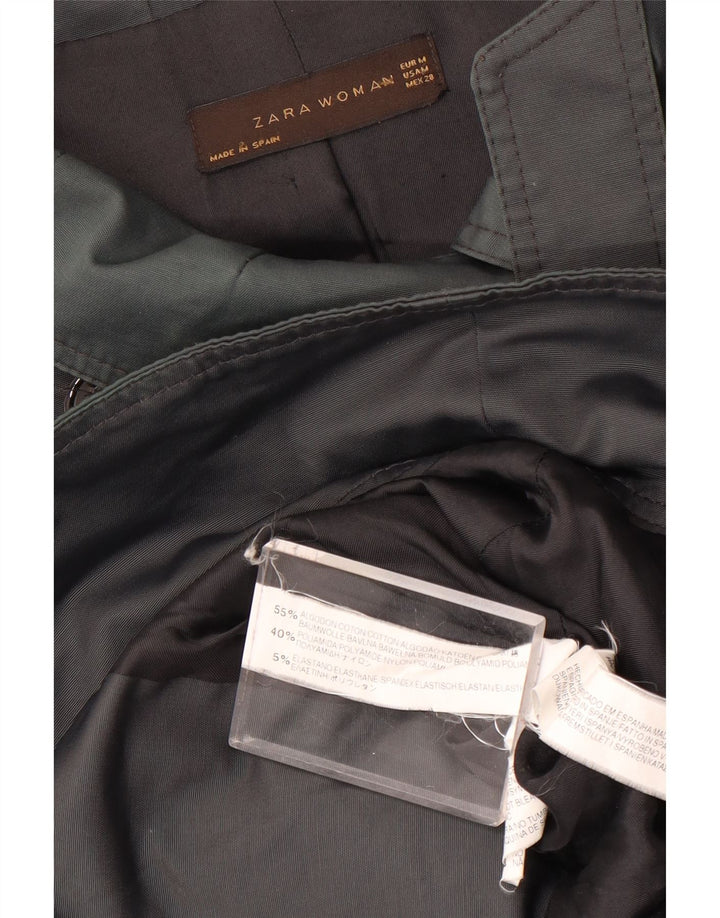 Zara Womens Trench court à double boutonnage UK 14 Coton gris moyen