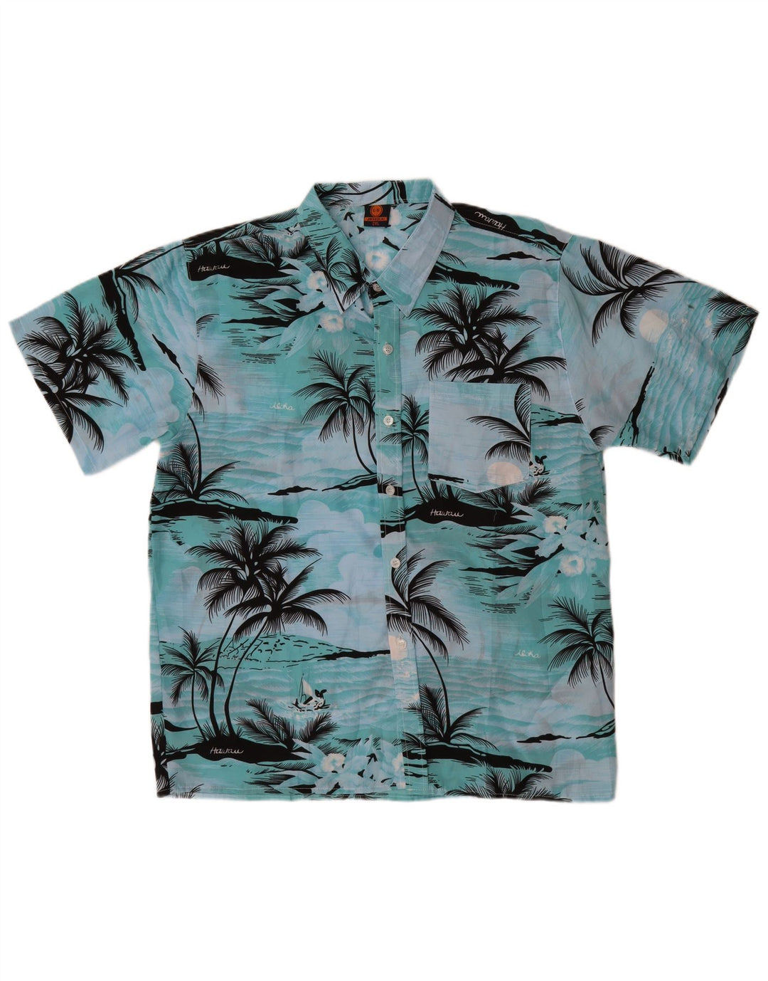 VINTAGE Chemise à manches courtes pour hommes 2XL Bleu Polyester Hawaïen