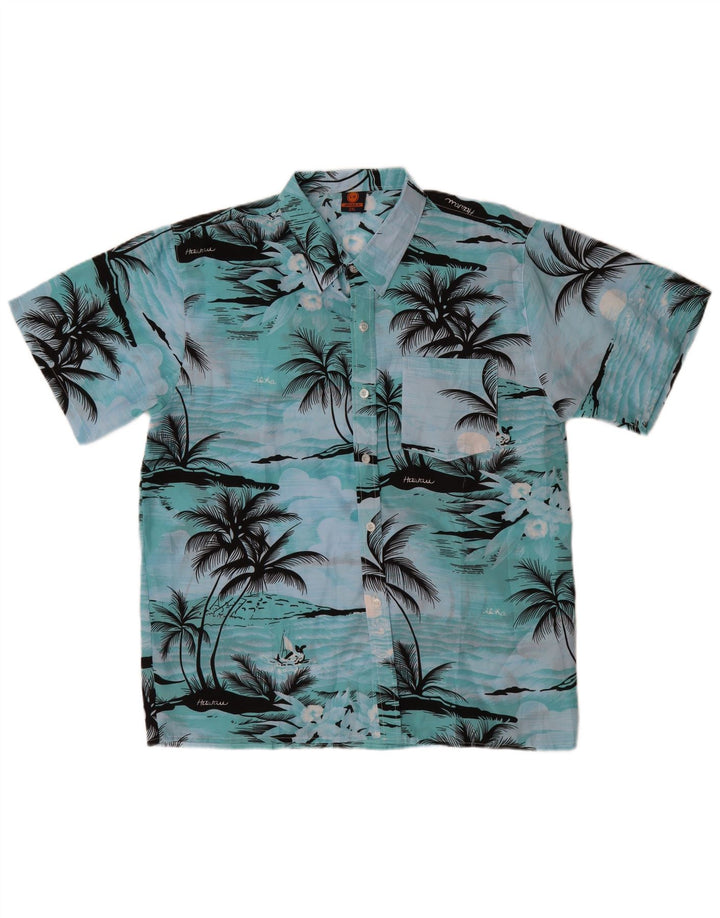 VINTAGE Chemise à manches courtes pour hommes 2XL Bleu Polyester Hawaïen
