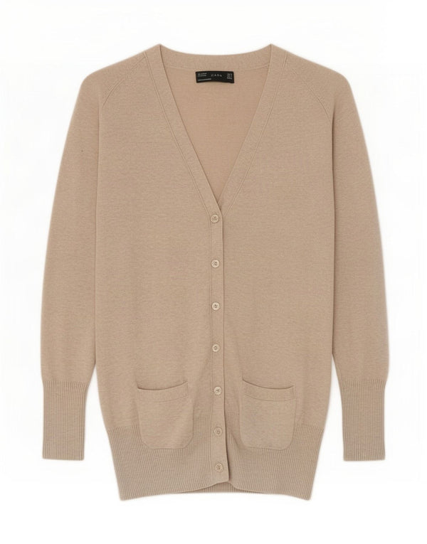 Zara Cardigan Femme Pull UK 10 Petit Coton Beige