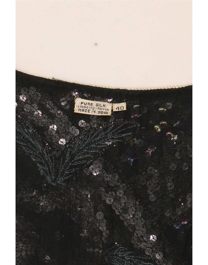 vintage Womens Crop Graphic Blouse Top EU 40 Soie rayée noire moyenne