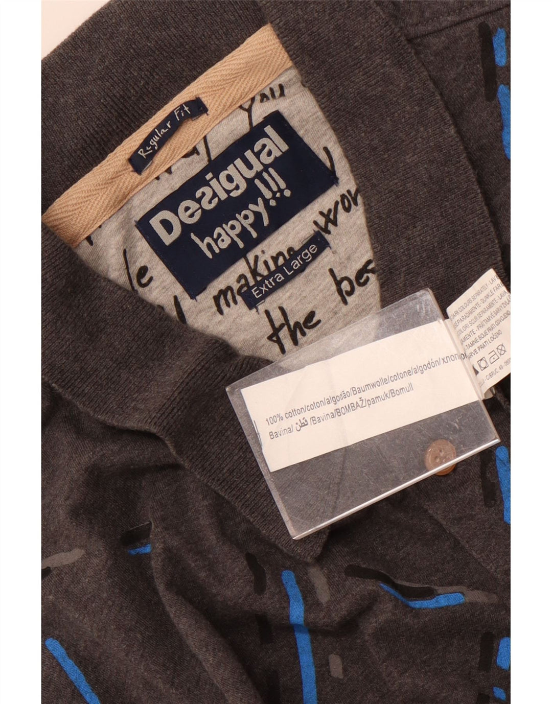 Desigual Polo Regular Manches Longues Homme XL Gris Carreaux Coton