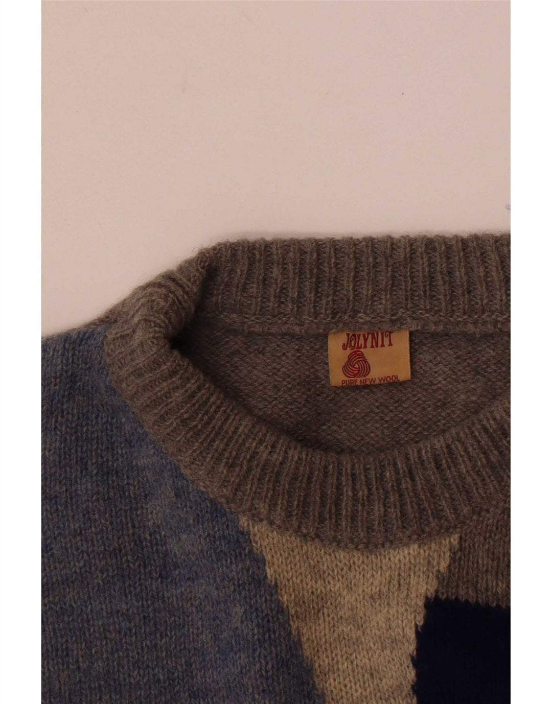 vintage Mens Crew Neck Jumper Pull Moyen Gris Colorblock Nouvelle Laine