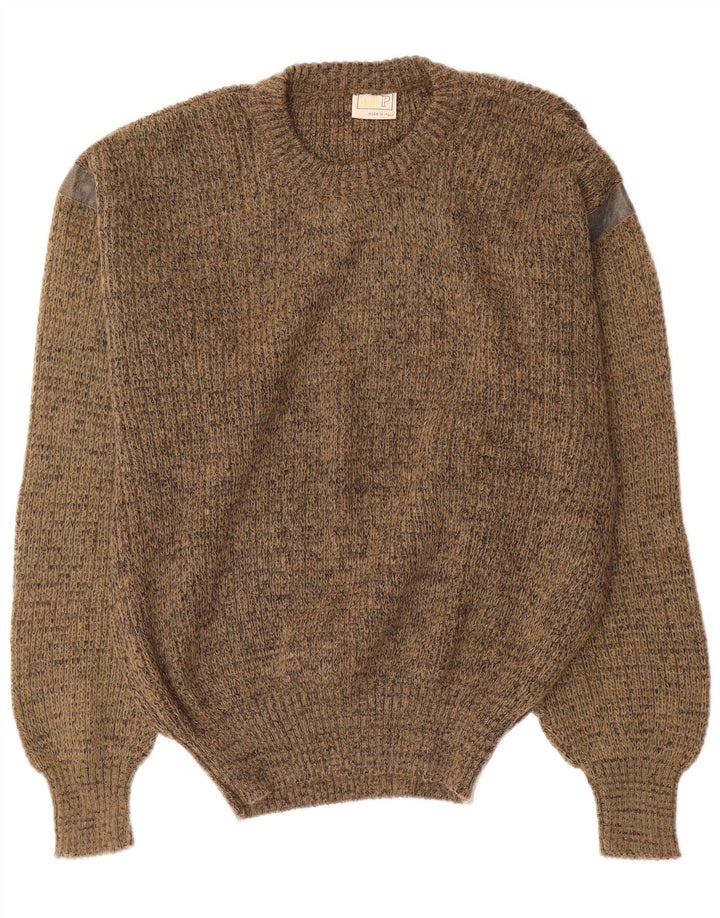 vintage Mens Crew Neck Jumper Pull Moyen Kaki Moucheté