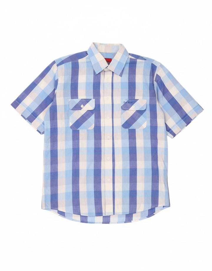 PIERRE CARDIN Mens Short Sleeve Shirt Large Blue Plaid Polyester