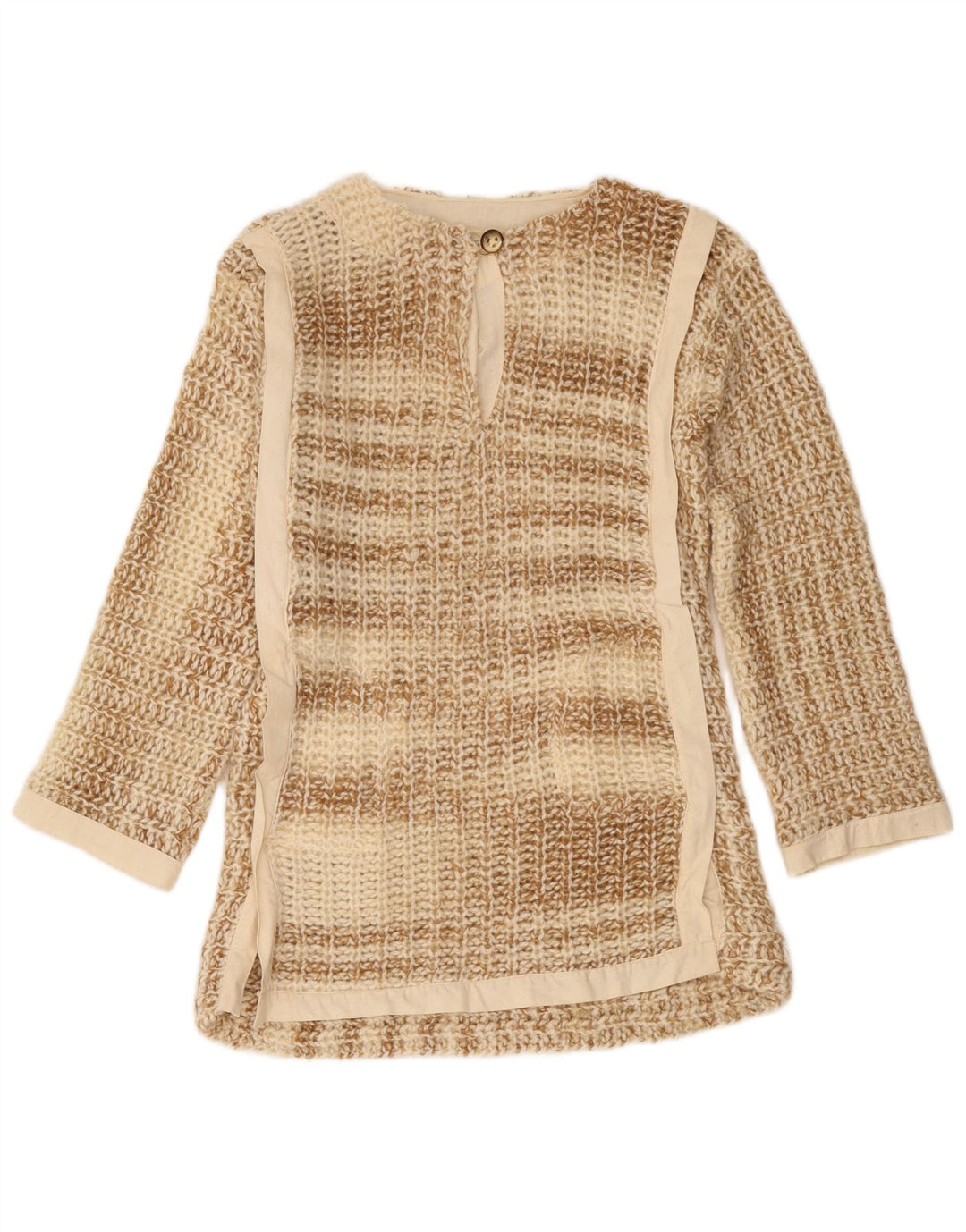 vintage Womens Button Neck Jumper Pull UK 10 Petit Beige Moucheté