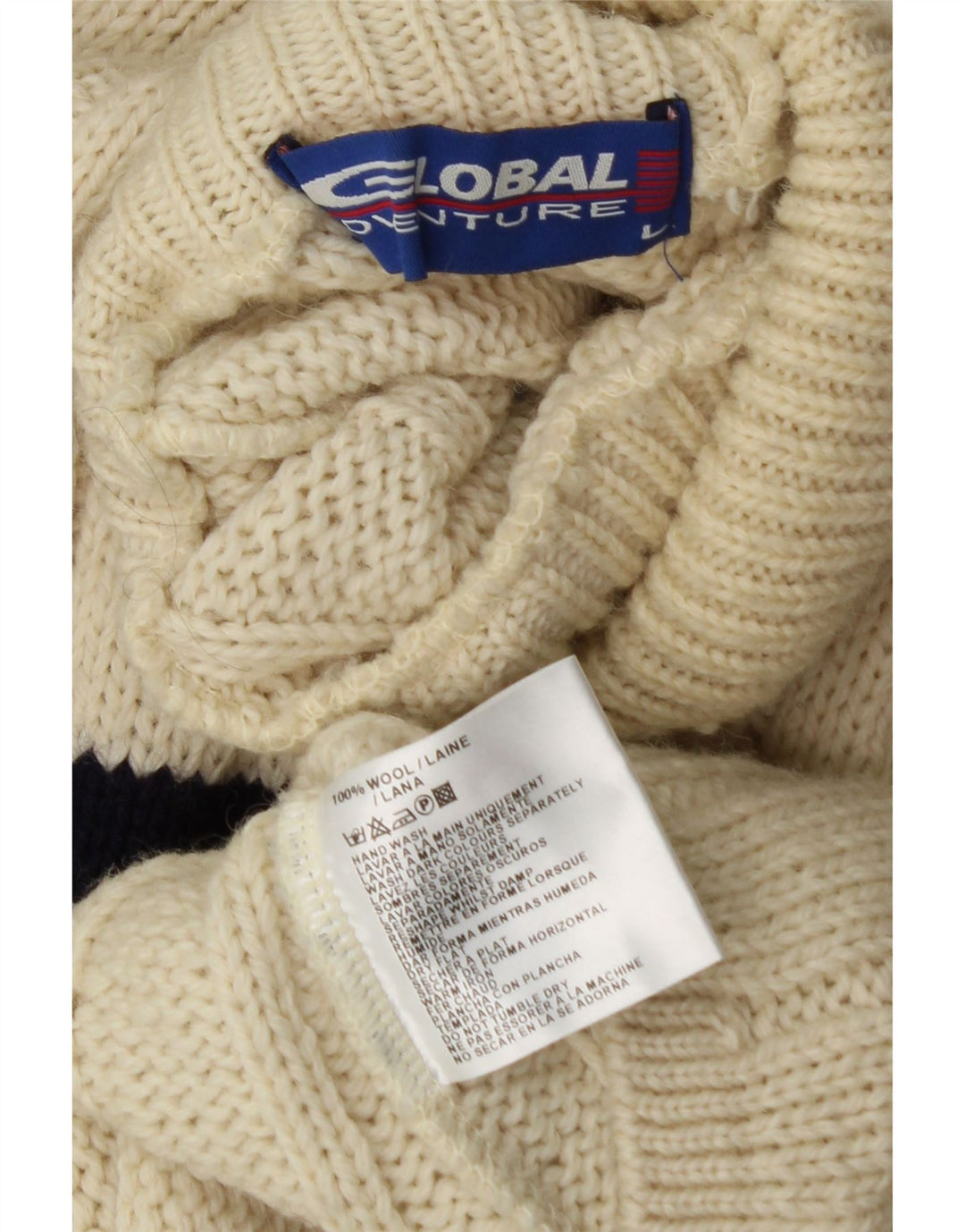 VINTAGE Homme Col Roulé Pull Pull Grande Laine Rayée Blanc Cassé