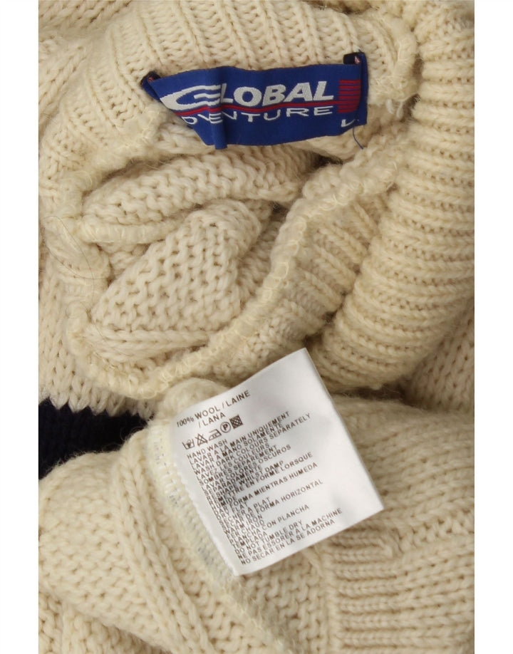 VINTAGE Homme Col Roulé Pull Pull Grande Laine Rayée Blanc Cassé