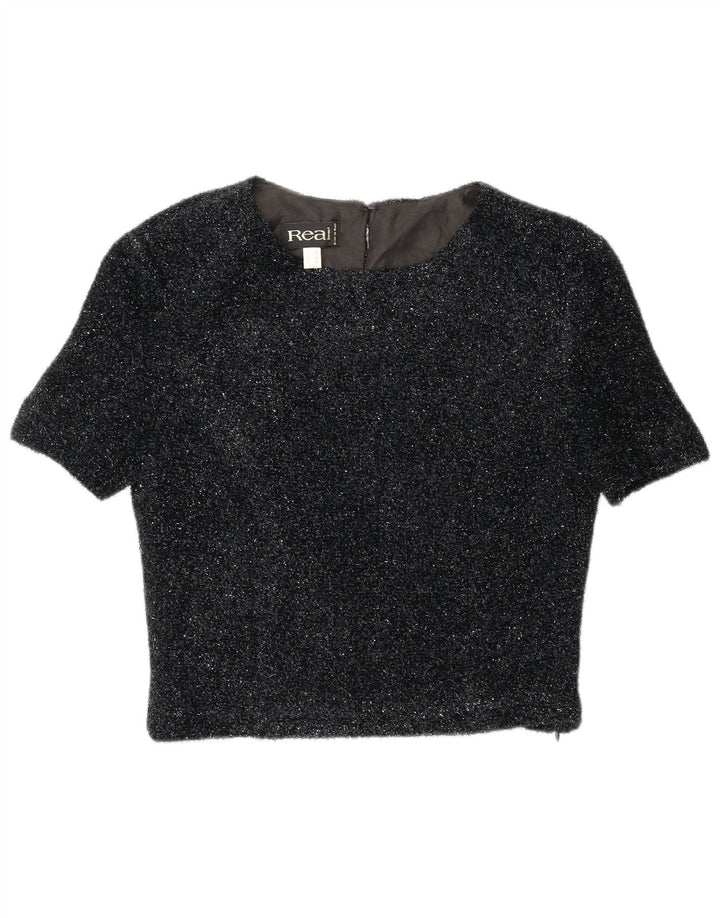 vintage Womens Crop Blouse Top EU 42 Grand Polyester Moucheté Noir