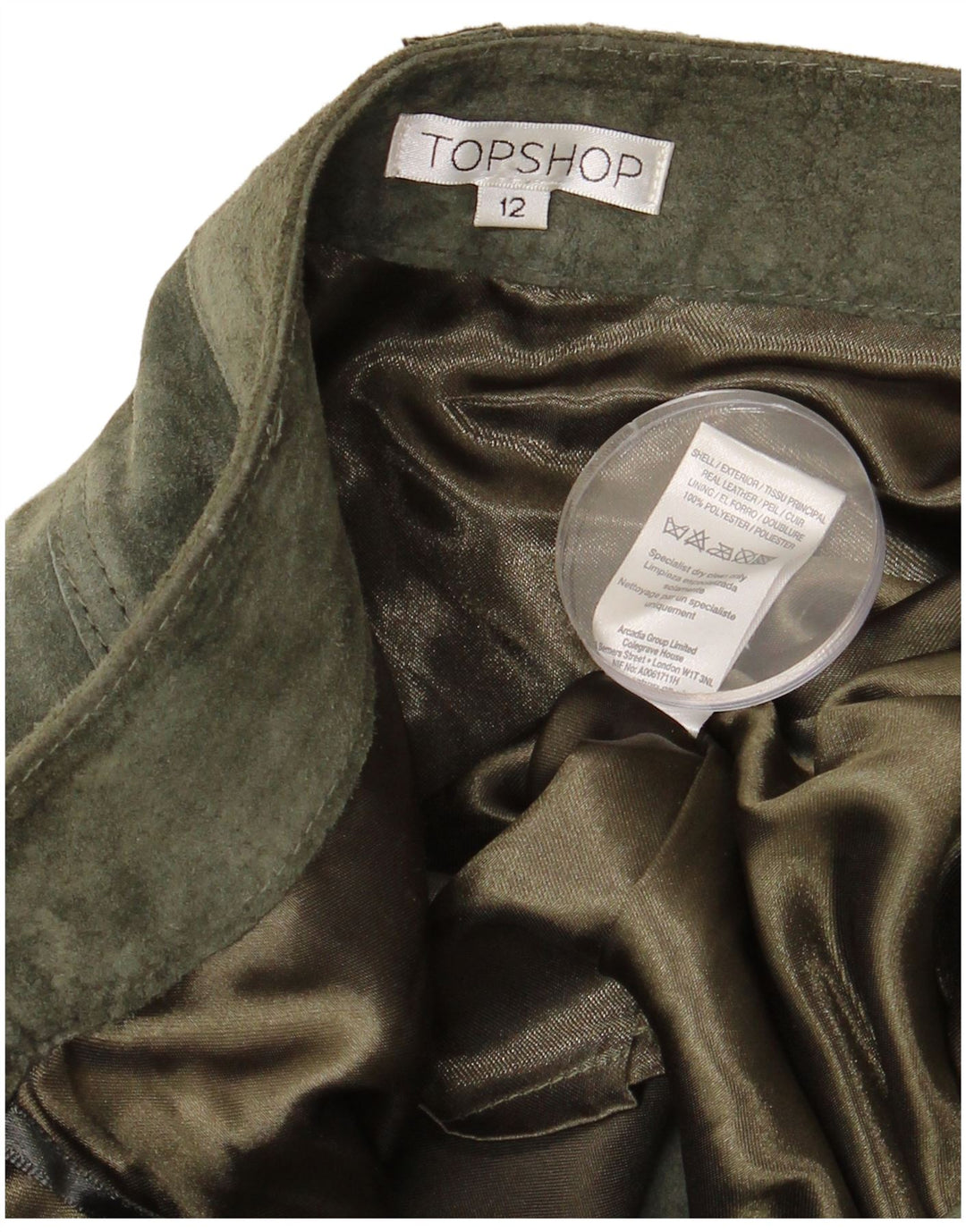 TOPSHOP Jupe en daim pour femme UK 12 Medium W32 Cuir kaki