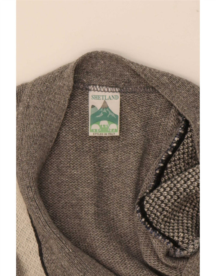 Shetland Pull Cardigan Homme Gris Moyen Laine Géométrique