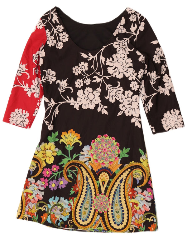 Desigual Robe trapèze à manches 3/4 pour femme EU 36 Petit Noir Floral Polyester