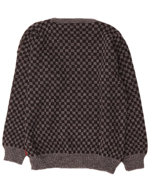 vintage Mens Boat Neck Jumper Pull Grand Gris Géométrique Acrylique