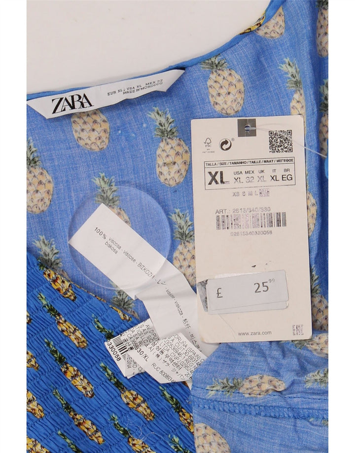 Zara Chemisier à manches 3/4 à motif abstrait pour femme UK 18 XL Bleu Viscose