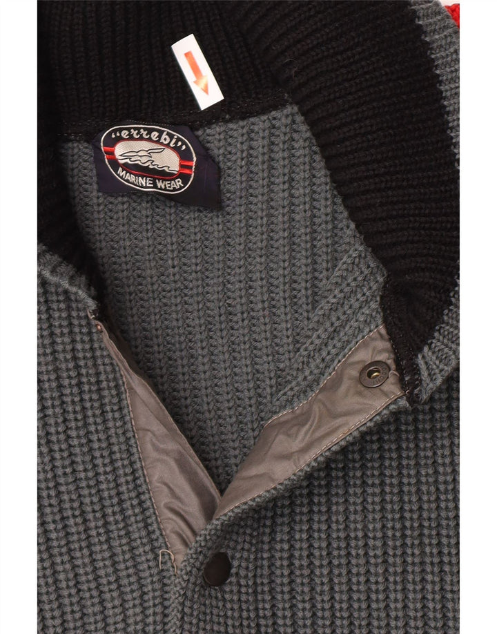 vintage Mens Cardigan Sweater IT 48 Gris Moyen Colourblock Virgin Wool