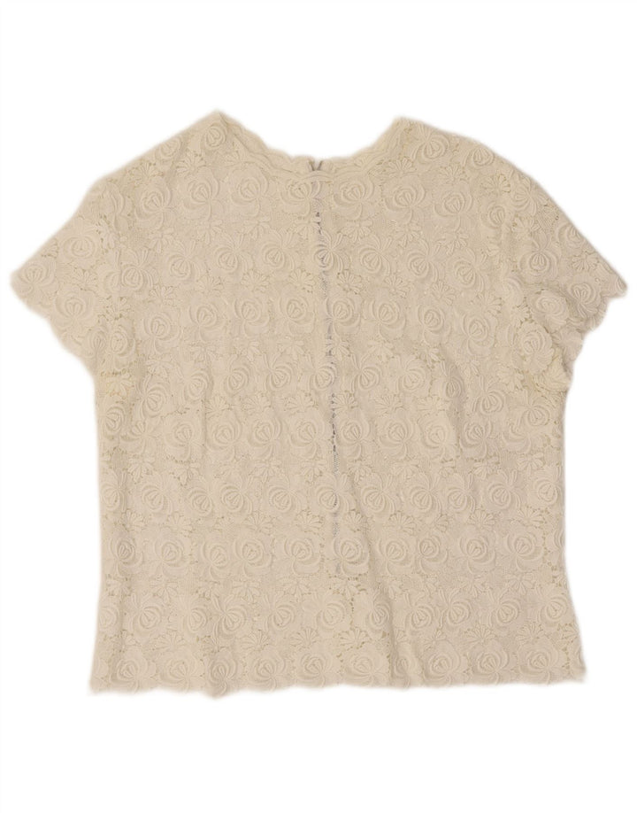 VINTAGE Womens Lace See Through Top UK 14 Medium White Floral