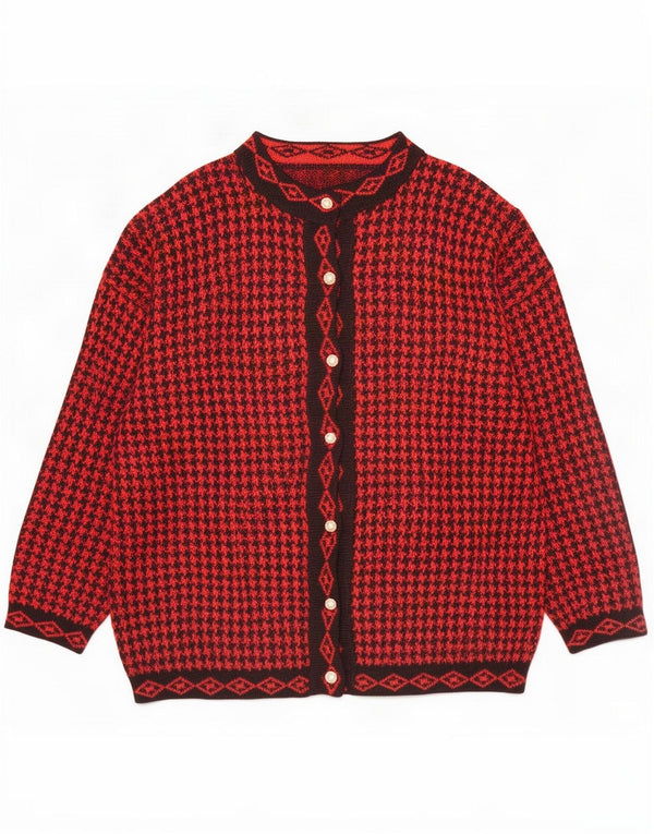 Vintage Womens Cardigan Sweater UK 18 XL Acrylique pied-de-poule rouge