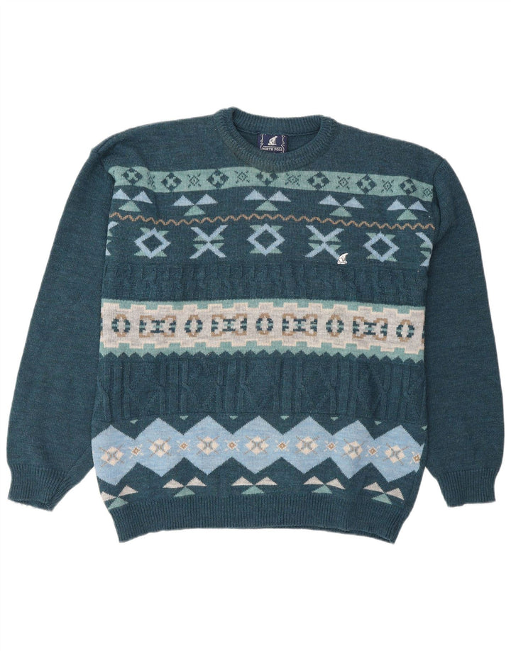 North Pole Pull col rond pour homme XL en laine Fair Isle Bleu