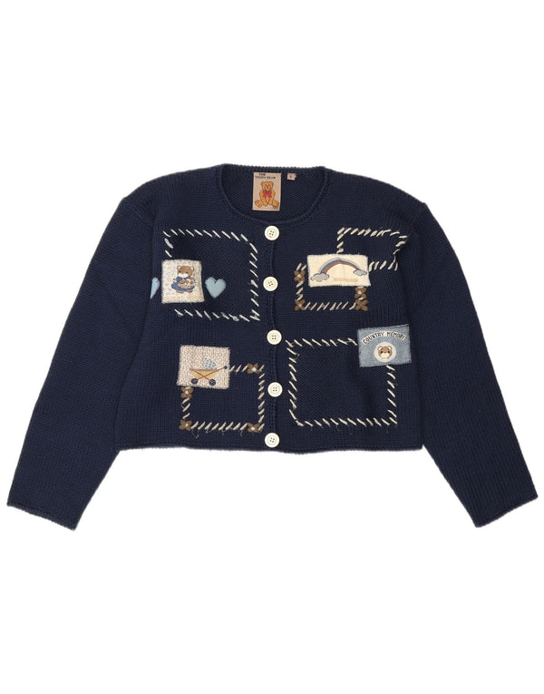 VINTAGE Femmes Teddy Bear Cardigan Pull UK 10 Petit Patchwork Bleu Marine