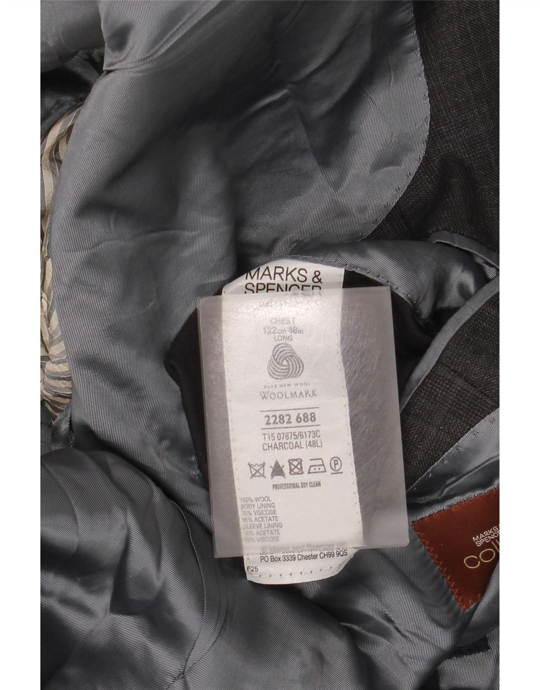 Marks & Spencer Veste blazer longue à 3 boutons pour homme UK 48 2XL Gris à carreaux