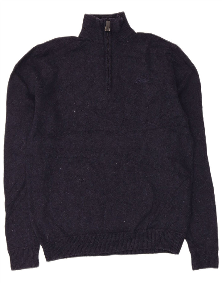 Superdry Pull à col zippé pour femme UK 14 Laine bleu marine moyen