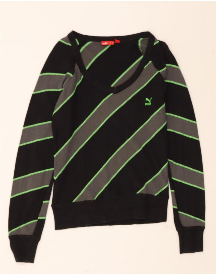 PUMA Womens V-Neck Jumper Sweater UK 14 Medium Black Striped Vintage Puma and Second-Hand Puma from Messina Hembry 